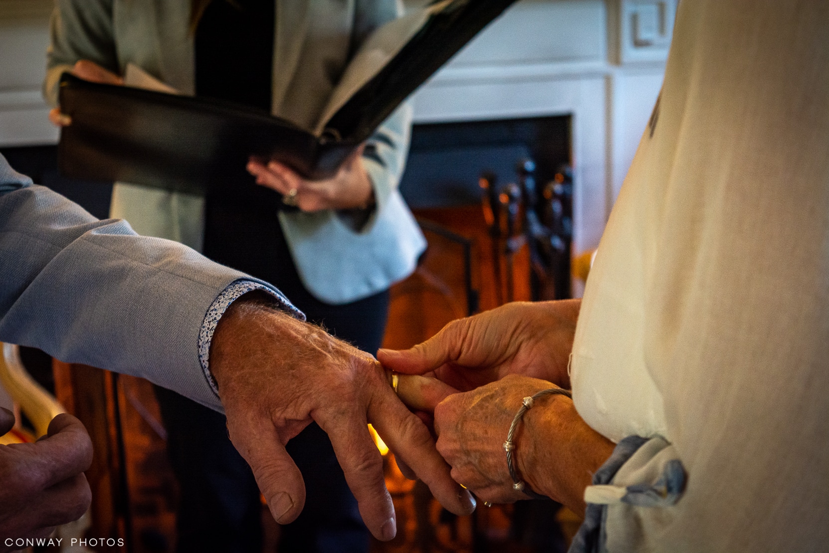 Wedding by the fireplace.