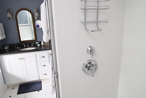 Lydia Haring bathroom showing shower with oversized shower head and blue and white tiles looking out to marble vanity area