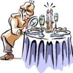 Colored drawing of an inspector looking at a plate on a dining table through a magnifying glass