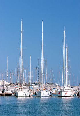 Many sailboats with tall masts in blue water amidst blue skies