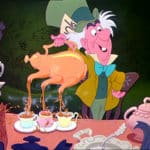 Colored drawing of the mad hatter pouring a teapot with three spouts into three teacups