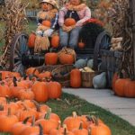 Two stuffed scarecrows in plaid shirts sitting on a wagon surrounded by orange pumpkins