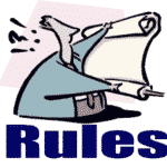 Colored drawing of a man opening a scroll with the word: Rules