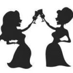 Black and white drawing of two women clinking wine glasses